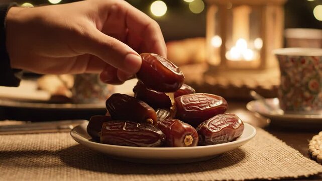 A hand picks a sweet brown date from a plate in a warm, close-up ramadan iftar setting.
