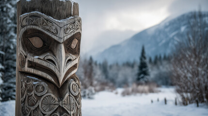 Alaska USA traditional native culture, handcrafted wooden totem in winter landscape, cultural heritage focus