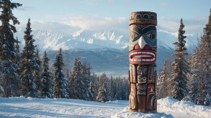 Alaska USA traditional native culture, handcrafted wooden totem in winter landscape, cultural heritage focus