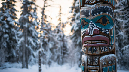 Alaska USA traditional native culture, handcrafted wooden totem in winter landscape, cultural heritage focus