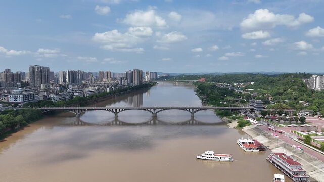 Leshan Bridge Over Min River, Sichuan Province China Aerial View
