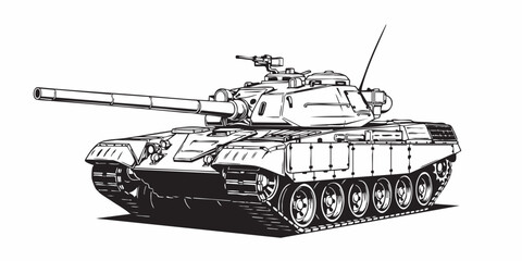 Detailed military tank line art illustration, modern armored battle tank outline, black and white vector drawing, side perspective