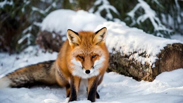 Close up sequence of a red fox sitting and moving in a snowy forest environment