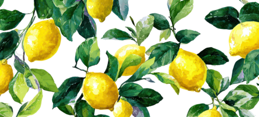 Lemons on branches watercolor illustration on transparent background