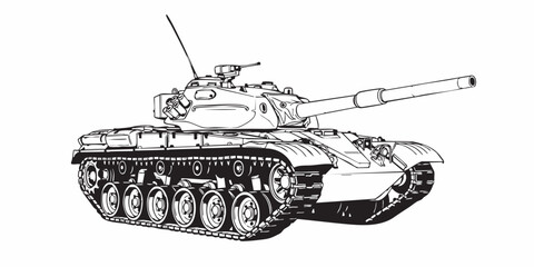 Detailed military tank line art illustration, modern armored battle tank outline, black and white vector drawing, side perspective