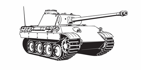 Detailed military tank line art illustration, modern armored battle tank outline, black and white vector drawing, side perspective