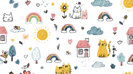 Hand drawn cat illustration pattern on transparent background