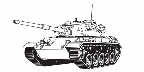 Detailed military tank line art illustration, modern armored battle tank outline, black and white vector drawing, side perspective