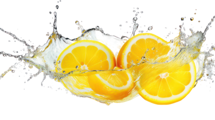 Fresh orange slices splashing water on transparent background