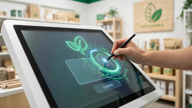 Eco friendly digital tablet with stylus pen showing leaf icon and submit button on touchscreen in sustainable store environment technology concept