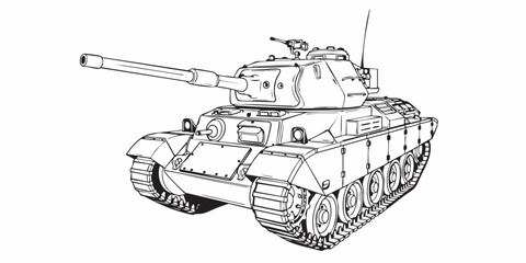 Detailed military tank line art illustration, modern armored battle tank outline, black and white vector drawing, side perspective