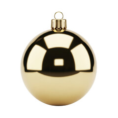 a single, perfectly spherical, mirror-like metallic gold christmas ornament, featuring a brass cap and loop, centered and isolated on a transparent background with high-key product studio lighting.