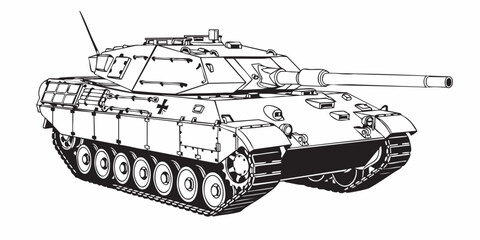 Detailed military tank line art illustration, modern armored battle tank outline, black and white vector drawing, side perspective