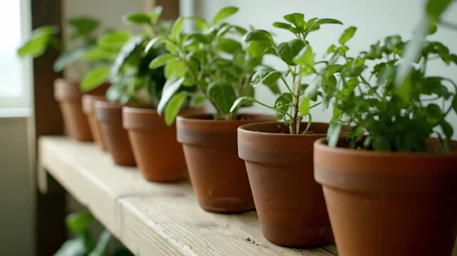 Row of Terracotta Pots with Green Plants on a Wooden Shelf.