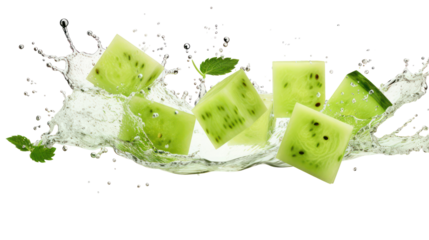Fresh melon cubes splashing on transparent background
