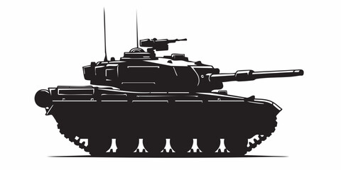 Detailed military tank line art illustration, modern armored battle tank outline, black and white vector drawing, side perspective