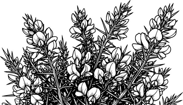 Monochrome etching showcasing clusters of gorse flowers and pric
