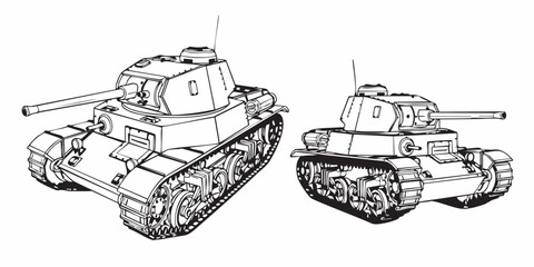 Detailed military tank line art illustration, modern armored battle tank outline, black and white vector drawing, side perspective