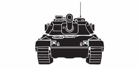 Detailed military tank line art illustration, modern armored battle tank outline, black and white vector drawing, side perspective