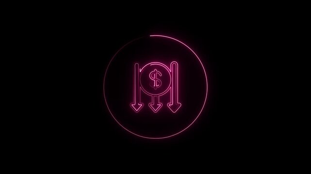 Neon pink dollar sign with arrows decreasing in a circle on black background