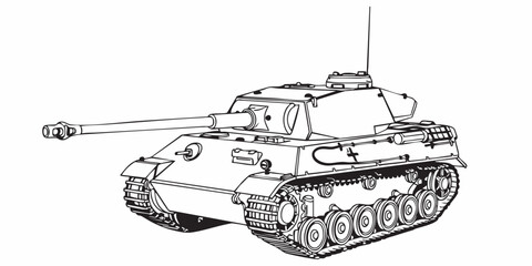 Detailed military tank line art illustration, modern armored battle tank outline, black and white vector drawing, side perspective