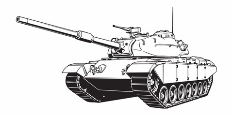Detailed military tank line art illustration, modern armored battle tank outline, black and white vector drawing, side perspective