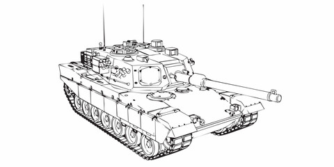 Detailed military tank line art illustration, modern armored battle tank outline, black and white vector drawing, side perspective