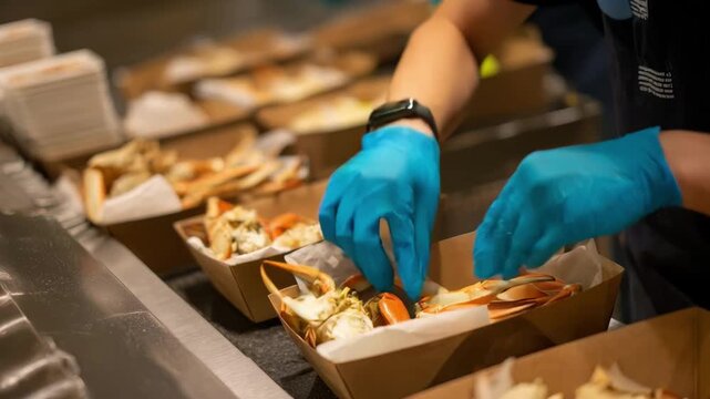 Staff packaging steamed crab legs carefully for takeout orders highlighting fast and hygienic seafood delivery from a modern coastal eatery.