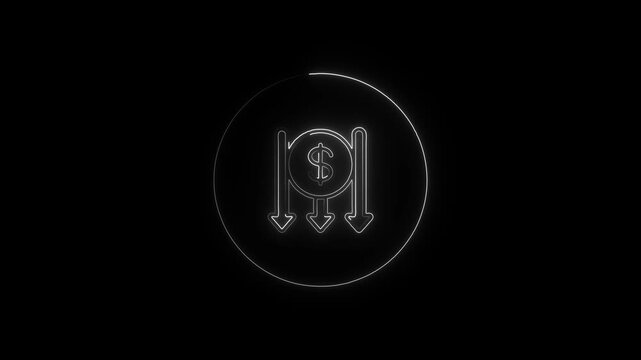 Glowing neon dollar sign with arrows decreasing in circle on black background money finance