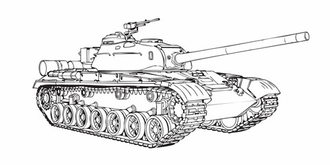 Detailed military tank line art illustration, modern armored battle tank outline, black and white vector drawing, side perspective