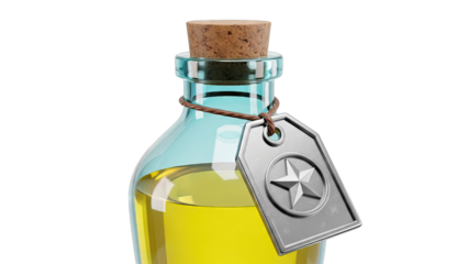 Glass bottle with yellow liquid, cork stopper and star tag