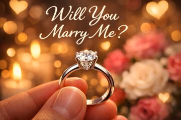 Romantic proposal setting with flowers, candles, and soft lighting