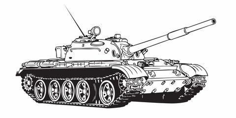 Detailed military tank line art illustration, modern armored battle tank outline, black and white vector drawing, side perspective