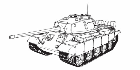Detailed military tank line art illustration, modern armored battle tank outline, black and white vector drawing, side perspective