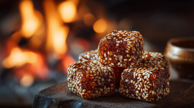 Lohri festive sweet, close-up of traditional rewri candies with glossy sesame texture, bonfire blurred behind 