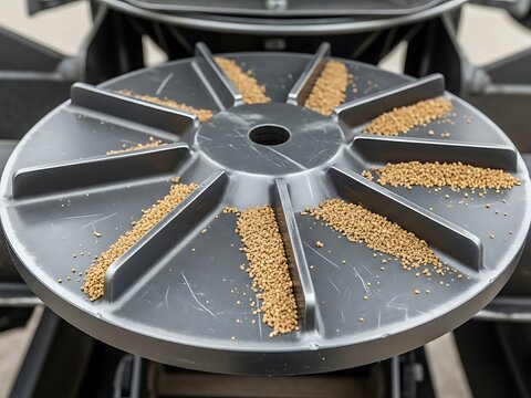 Close-up of a seeder component during agricultural planting process