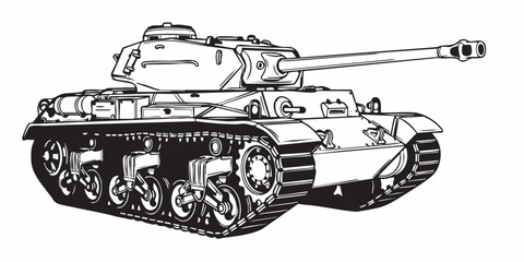 Detailed military tank line art illustration, modern armored battle tank outline, black and white vector drawing, side perspective