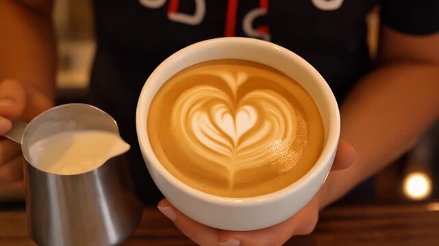 Slow motion milk pouring into espresso creating latte art, heart shape, warm caf&eacute; lighting, commercial beverage stock video.
