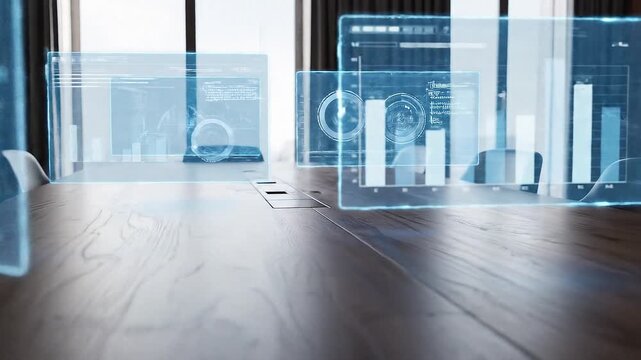 Ultra-realistic image of transparent digital layers floating subtly above wooden conference table, minimal futuristic style, strategic AI business concept, natural lighting, high-end stock realism