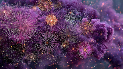 Obraz premium Colorful fireworks exploding against a dark sky, celebrating with vibrant purple hues.