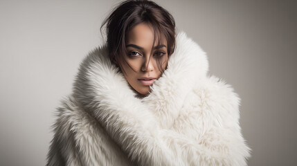 Soft white eco-fur coat shot in a high-key studio lighting style