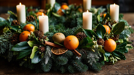 Solstice wreath made of evergreen branches, oranges, cinnamon, and white candles