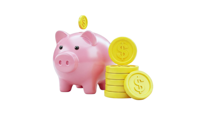 Pink Piggy Bank with Stack of Gold Coins