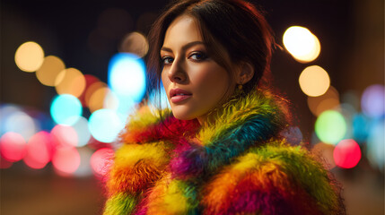 Street fashion portrait of a woman in colorful eco-fur with blurred city lights in the background