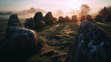 Stone circle glowing at winter solstice dawn, long shadows and mystical atmosphere 
