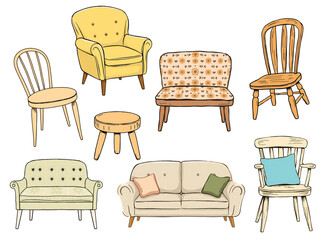 Vintage Hand-Drawn Chairs and Sofa Collection