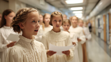 Teenagers performing Lucia songs in school hallway 