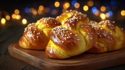 Traditional Lucia buns (lussekatter) on a wooden table with saffron glow
