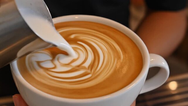 Latte art forming smoothly, creamy milk texture, close-up shot, professional caf&eacute; aesthetic.