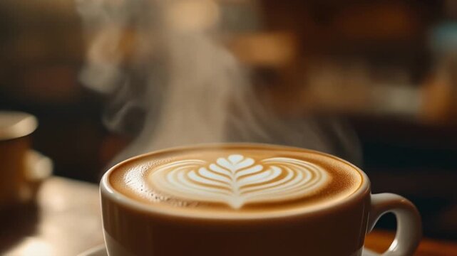 Hot latte with steam rising, neutral background, calming coffee moment, stock video.